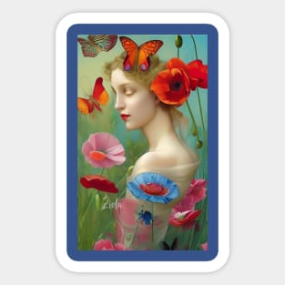 Dreamy Surreal Girl with Pretty Flowers and Poppies Sticker